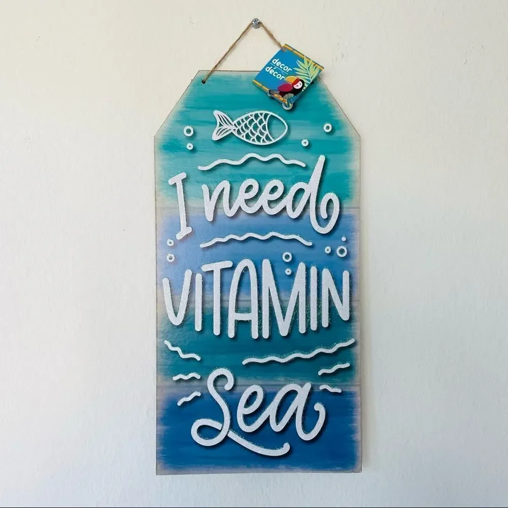 NWT Beach Inspired Fun Hanging Green Blue White Wall Sign I need Vitamin Sea New